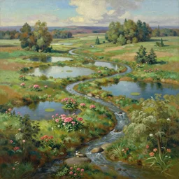 a landscape with many small ponds and winding streams, extremely detailed oil painting, rhads, sargent and leyendecker, savrasov levitan polenov, bruce pennington, studio ghibli, tim hildebrandt, digital art, landscape painting, trending on artstation, masterpiece
