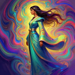side profile, maya ali, wind sorcerer, dota, robes, elegant, concept art, smooth, colorful psychedelic swirly magic ripples, gaudy two - tone colors, by greg rutkowski, jesper ejsing, ilya kuvshinov, artgerm, mucha