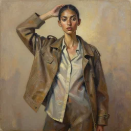 portrait in daring femininity, ethnic, realistic face sculpted features, thin and statuesque model, street outfit with layered shirts, arabesque, jacket with buckles, warm glow, bathed in light, chiaroscuro, specular highlights, angular impressionism, patina, natural color scheme, earthy tones, modern fashion, contemporary art, oil on canvas