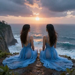 a stunning 3 d rendered landscape of two voluptuous women in gossamer blue dresses sitting on a cliff facing away from the camera in the rain watching the sunrise over the ocean, turbulent ocean in the background, intricate, elegant, highly detailed, artstation, ultra sharp focus, octane render, volumetric lighting, art by greg rutkowski and alphonse mucha