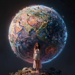 the mind is leaving the body of a destroyed planet by mia brownell, art by anna hotchkis, antonio saura, very detailed, maximalism, ambient occlusion, volumetric light, hyper realism, futuristic but colorful shading, 8 k artstation