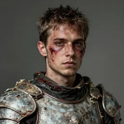 portrait painting of young man with severe burn scars on his face and poorly shaved hair wearing tattered light armor, ultra realistic, concept art, intricate details, eerie, highly detailed, photorealistic, octane render, 8 k, unreal engine. art by artgerm and greg rutkowski and charlie bowater and magali villeneuve and alphonse mucha