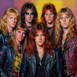 apocalyptic scifi orcish biker characters posing together for a professional group photo, psychedelic vibrant colors, punk rock fashion, oil painting by michael whelan art, perfect faces, sharp focus, detailed eyes, realistic, long hair, leather jackets, 8 0 s hairstyles, 8 k