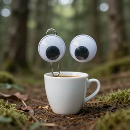 paperclip with googly eyes, drinking coffee, in the woods, photography, depth of field, very symmetric, rule of thirds, 4 k resolution