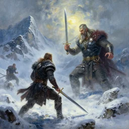a human with ancient sword who can kill gods is going to kill the viking god on a blizzard hills made by ivan aivazovsky, peter mohrbacher, greg rutkowski volumetric light effect broad light oil painting painting fantasy art style sci - fi art style realism premium prints available artwork unreal engine