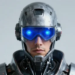 robot with glowing blue monovisor as a realistic scifi cyberpunk knight, closeup portrait art by donato giancola and greg rutkowski, realistic face, digital art, trending on artstation, symmetry!!!