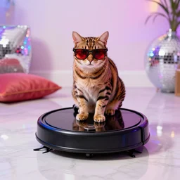 cat wearing sunglasses, cat sitting on top of roomba, reflective marble floor, cushion, disco party lights, red tinted glasses, tigerprint