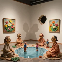 plasticine sculpture stop motion. salvador dali clay models. gallery paintings of flowers. visitors. water on floor. room with a hole in wall. john craxton. shadow. high detail. photorealistic