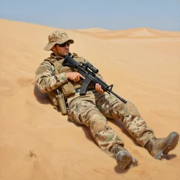 a realistic hyperdetailed multi - colored digital oil full body portrait painting of an american sniper lying in desert camo in sahara in the style of guy denning, ruan jia, and craig mullins. trending on artstation and deviantart. cgsociety digital art