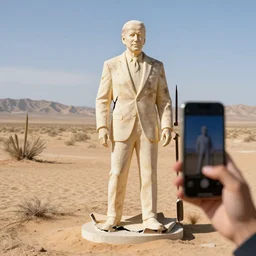 a broken statue of joe biden in the middle of a desert, hyper realistic, very detailed, photograph taking on a phone.