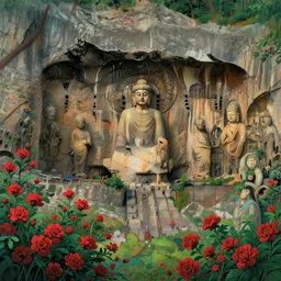 mogao grottoes, statues in forest, red flowers, futurism, in the style of studio ghibli, j. c. leyendecker, greg rutkowski, artem