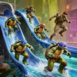 ninja turtles escape and two military ( american uniform ) ran to sound the alarm and all the turtles began to descend the water slides, style cyberpunk 2 0 7 7, anime fight, 4 k,
