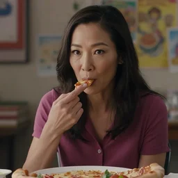 a movie still of michelle yeoh pizza fingers from movie everything, everywhere, all at once