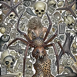 Skull that look too much like skull!, crypt lurker!!, grasp of darkness!!!, pitchburn devils, giant terrestrial starfish!!!!!, rescue from the underworld!!!!!!, returned centaur, 8k CG character rendering of a spider-like hunting female on its back, fangs extended, wearing a leopard-patterned dress, set against a white background, with textured hair and skin.