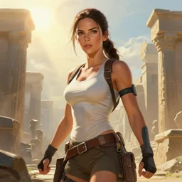 portrait of a concentrated young Sandra Bullock as muscled Lara Croft stepping out epic ancient ruins, sun beams, epic, intricate, elegant, highly detailed, digital painting, illustration, Boris Villejo, Julie Bell, Rowena Morrill, Patrick Jones, Keith Parkinson, Brom, Donato, Stephen Hickman, Don Maitz, Greg Hildebrandt