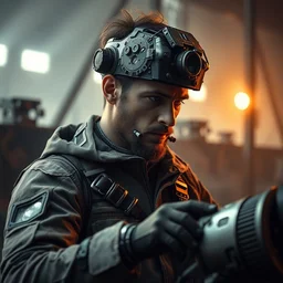 a rugged engineer colin farrell boy with cybernetic enhancements working assembling a satellite, scifi character portrait by greg rutkowski, esuthio, craig mullins, 1 / 4 headshot, cinematic lighting, dystopian scifi gear, gloomy, profile picture, mechanical, half robot, implants, steampunk