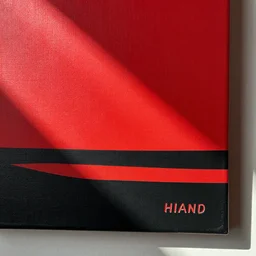 canvas coated with red paint, black stripes, matte paint, text rubber stamped