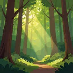 vector art of the inside of a forest with sun rays shining through the trees, 4 k,
