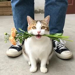 wide shot photography of white cat with yellow black fur patterns, holding a flowers bouquet in her mouth, under a human standing wearing jeans and sneakers, large happy eyes