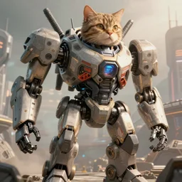 film still from a science fiction movie about a mecha cat, stunning 4 k uhd, giant cat robot