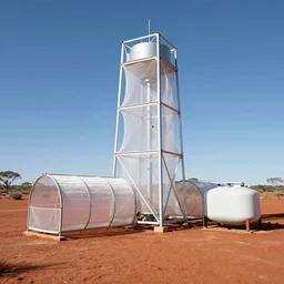modular atmospheric water collector tower, fog collector tunnel, fine sailcloth mesh, windtrap, with reservoir in the australian red desert