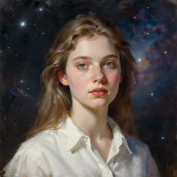 painting, girl with beautiful face in white shirt, vast spaces, cosmic background