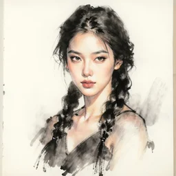 a stunning masterful portrait of a confident woman with braided hair by kim jung gi, natural light, ink drawing, ethereal, strong brushwork