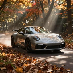 photo of a porsche driving through autumn leaves, cinematic lighting, anti aliasing