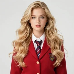 blonde woman with long, voluminous hair, wearing a red school uniform, by donato giancola.