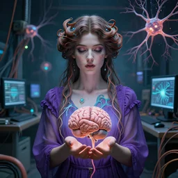 symmetric, a dreamy woman in a purple dress holding a brain and neurons, detailed face, in a room full of wires and computers and neural networks, sci - fi, ai, 4 k realistic, alphonse mucha, gustav klimt