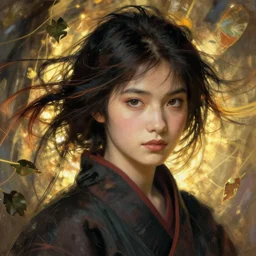 realistic detailed portrait of a very beautiful ninja girl by alphonse mucha, charlie bowater, flowing wires with leaves, artgerm