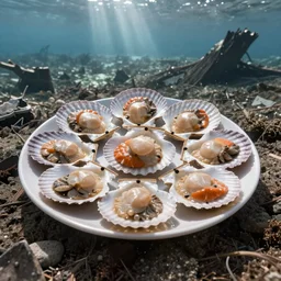 a plate of scallops superimposed on a destroyed seabed zenith view