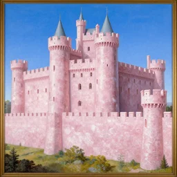 castle wall made of Rose Quartz, blue skies, detailed painting by Hieronymus Bosch
