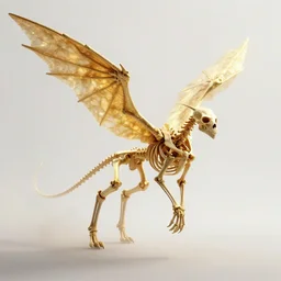 skeleton of a mysterious fantasy winged creature, 4 k, photorealistic, golden light, volumetric, foggy