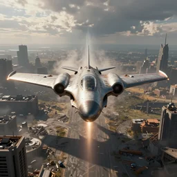 sci - fi aircraft fly on hypersonic speed, on the battlefield, ruined city environment, symmetrical, render, ray tracing, chromatic aberration, jakub rozalski art style, artstation