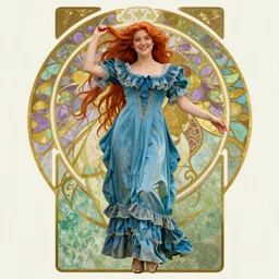 Alphonse Mucha, art nouveau, beautiful pretty female Hayley Williams Paramore, smile, symmetrical, realistic, victorian blue dress, long red hair, full body action pose, gold green blue purple, Unreal Engine