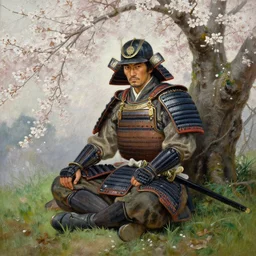an oil painting of a male samurai warrior wearing armor while sitting under a cherry tree with white blossoms, nearby a katana lies on the grass. detailed face, greg rutkowski, edward robert hughes, tony sart