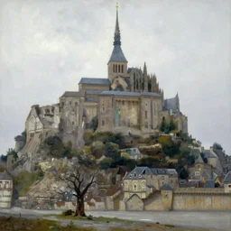 masterpiece oil painting portraying mont saint michel in the style of romanticism landscape painters with a tree on the foreground,beautiful,misty,evocative