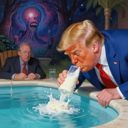 donald trump drinking! from a pool of white! sawmill gravy!, cosmic horror painting, elegant intricate digital painting artstation concept art by mark brooks and brad kunkle detailed