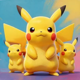 stylish colourful caricature - 3 d vfx art - of pikachu, art style by james jean & hsiao - ron cheng, character concept art, unreal engine render, digital illustration, sharp, intricate detail, volumetric light, ray tracing, soft light, claymation style, symmetric, acrylic on canvas, pinterest, artstation, behance,