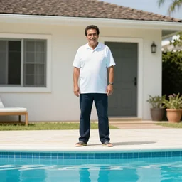emilio estevez standing above the water of a pool next to a house