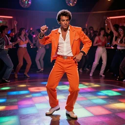 leonard nimitz as orange suited tony manero in saturday night fever dancing at a disco with a glowing illuminated multicolored square tile floor