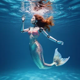 beautiful robot mermaid in emotional movement, underwater photography and light scattering, water refractions turned out impressive imho,