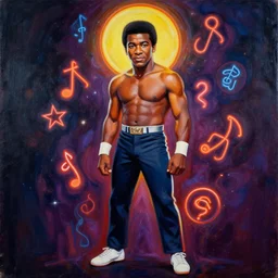 full body portrait of muhammad ali by mandy jurgens, cartoon, oil painting, visionary art, magic symbols, holy halo, neon ambient lighting, high detail, dark vibrant colors