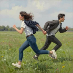 a woman chasing a man in street clothes running across the grass field, detailed realistic painting by artgerm and greg rutkowski artstation