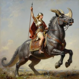 painting of barbarian woman mounted atop styracosaurus warhorse, holding spear aloft. intricate detail, high quality, digital painting, hyperrealistic, by gaston bussiere, j. c. leyendecker, craig mullins