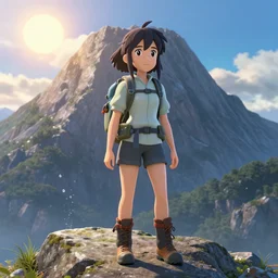 a 3 d film animation still portrait of a adventurer hiker girl atop a big mountain, finely detailed features, water, sun, gapmoe yandere grimdark, trending on pixiv fanbox, painted by bill presing, takashi takeuchi, pixar, gaston bussiere, craig mullins, makoto shinkai