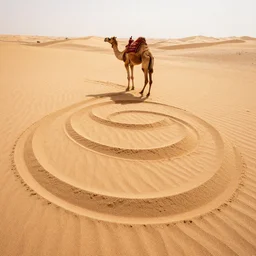 photography camel made from sand, rising form the sand spiral lines, weird perspective