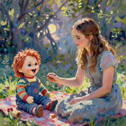 emma watson and screaming chucky doll enjoying picnic painting by monet