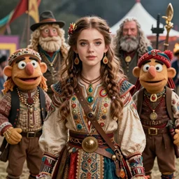 detailed ultrarealistic photography front medium shot of dnd fantasy muppet show lord of the rings burningman festival ethnic rustic emma girl warrior leyendecker, norman rockwell, greg rutkowski, jim henson artstation cinematic, vray game of thrones,